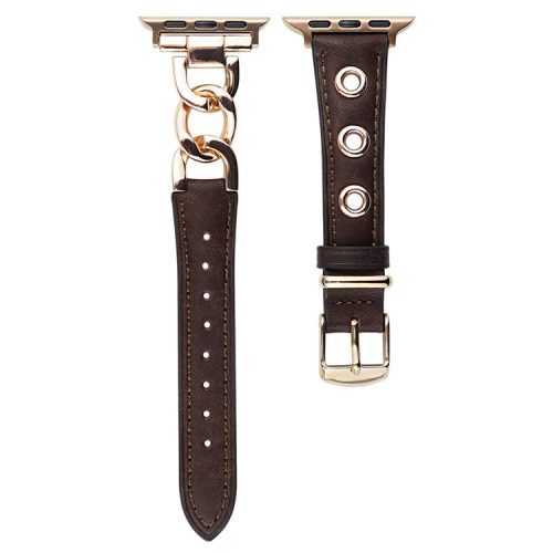 Watch Strap for Apple Watch Series 10 42mm / 9 8 7 41mm / SE (2023) SE (2022) SE 6 5 4 40mm / 3 2 1 38mm Watch Band Genuine Cow Leather Chain Hole Strap - Dark Brown+Rose Gold Buckle