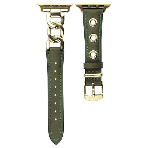 Watch Strap for Apple Watch Series 10 42mm / 9 8 7 41mm / SE (2023) SE (2022) SE 6 5 4 40mm / 3 2 1 38mm Watch Band Genuine Cow Leather Chain Hole Strap - Green+Gold Buckle