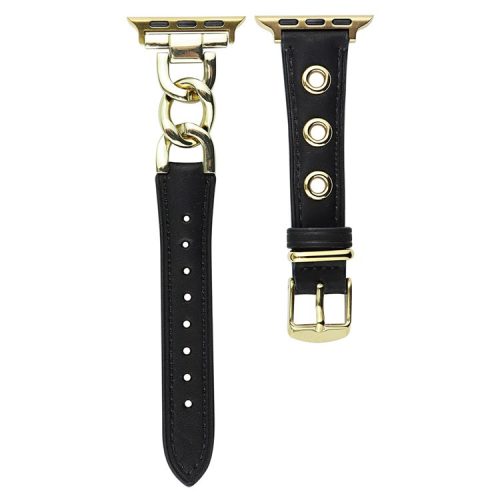 Watch Strap for Apple Watch Series 10 42mm / 9 8 7 41mm / SE (2023) SE (2022) SE 6 5 4 40mm / 3 2 1 38mm Watch Band Genuine Cow Leather Chain Hole Strap - Black+Gold Buckle