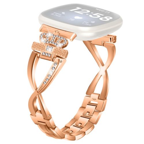 For Fitbit Versa 3 / Sense Rhinestones Decor Crown X-shape Watch Band Zinc Alloy Replace Strap - Rose Gold