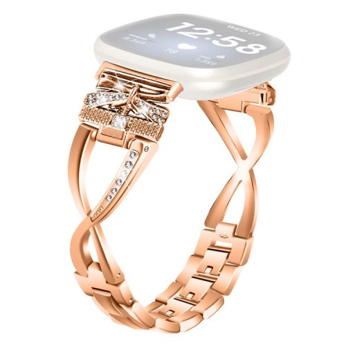 For Fitbit Versa 4 / Sense 2 Zinc Alloy Strap Rhinestones Decor Crown X-shape Smartwatch Band - Rose Gold