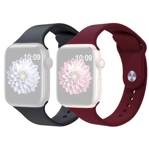 2Pcs Size M / L AW Silicone Strap for Apple Watch Series 10 42mm / 9 8 7 41mm / SE (2023) SE (2022) SE 6 5 4 40mm / 3 2 1 38mm Adjustable Watch Band - Black+Wine Red