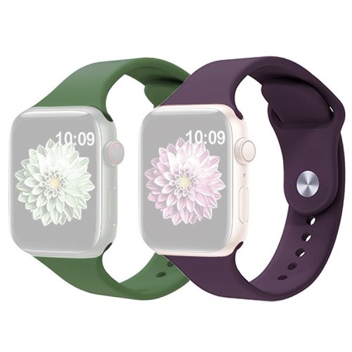 2Pcs Size M / L AW Silicone Strap for Apple Watch Series 10 42mm / 9 8 7 41mm / SE (2023) SE (2022) SE 6 5 4 40mm / 3 2 1 38mm Adjustable Watch Band - Army Green+Violet