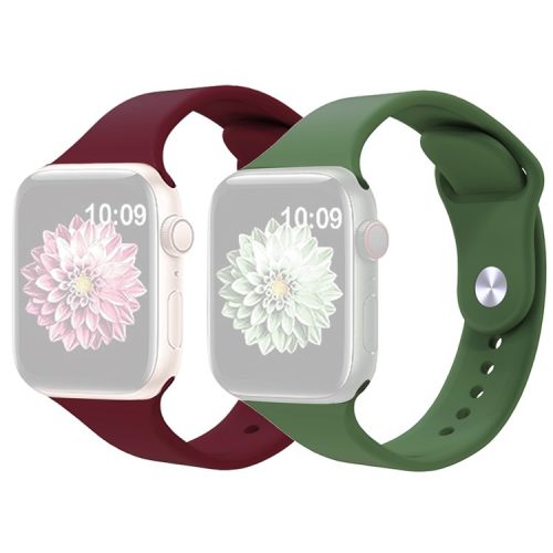 2Pcs Size M / L AW Silicone Strap for Apple Watch Series 10 42mm / 9 8 7 41mm / SE (2023) SE (2022) SE 6 5 4 40mm / 3 2 1 38mm Adjustable Watch Band - Wine Red+Army Green