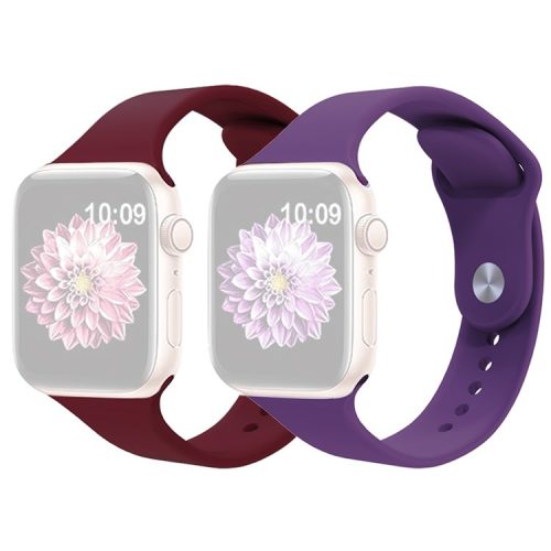 2Pcs Size M / L AW Silicone Strap for Apple Watch Series 10 42mm / 9 8 7 41mm / SE (2023) SE (2022) SE 6 5 4 40mm / 3 2 1 38mm Adjustable Watch Band - Wine Red+Purple