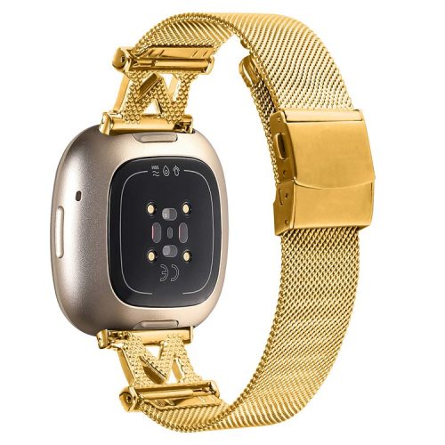 For Fitbit Sense  /  Versa 3 Milanese Stainless Steel Mesh Band M-shape Design Watch Strap with Folding Buckle - Gold