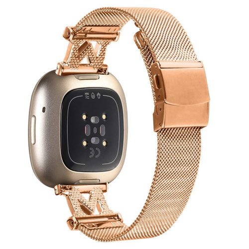 For Fitbit Sense  /  Versa 3 Milanese Stainless Steel Mesh Band M-shape Design Watch Strap with Folding Buckle - Rose Gold