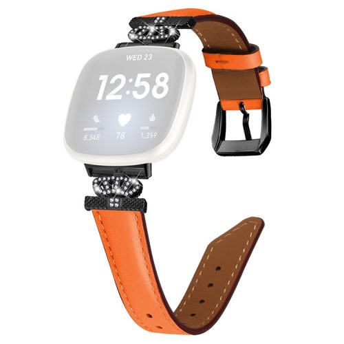 For Fitbit Versa 3 / Versa 4 / Sense / Sense 2 Black Buckle Watch Strap Genuine Cowhide Leather Wristband - Orange