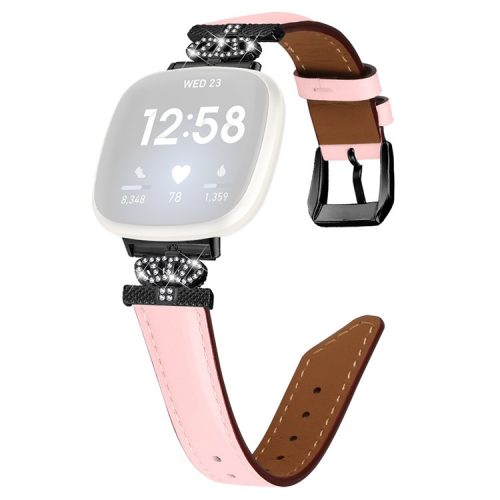 For Fitbit Versa 3 / Versa 4 / Sense / Sense 2 Black Buckle Watch Strap Genuine Cowhide Leather Wristband - Pink