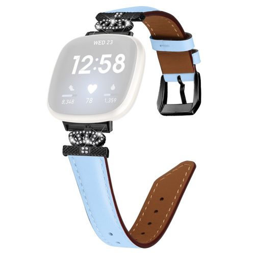 For Fitbit Versa 3 / Versa 4 / Sense / Sense 2 Black Buckle Watch Strap Genuine Cowhide Leather Wristband - Blue