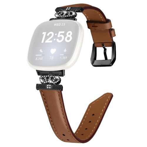 For Fitbit Versa 3 / Versa 4 / Sense / Sense 2 Black Buckle Watch Strap Genuine Cowhide Leather Wristband - Brown