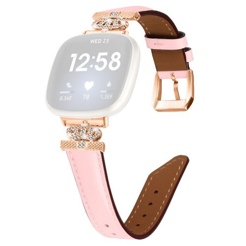 For Fitbit Versa 3 / Versa 4 / Sense / Sense 2 Rose Gold Buckle Watch Band Crown Rhinestone Wrist Strap - Pink