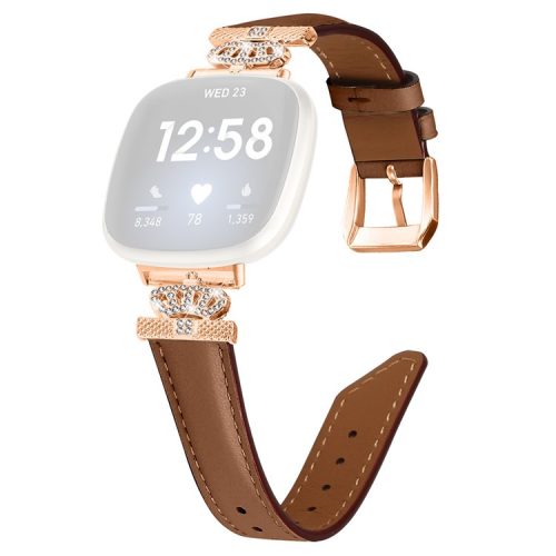 For Fitbit Versa 3 / Versa 4 / Sense / Sense 2 Rose Gold Buckle Watch Band Crown Rhinestone Wrist Strap - Brown