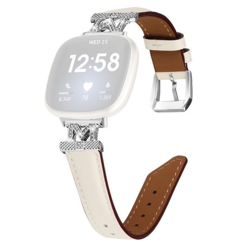 For Fitbit Versa 3 / Versa 4 / Sense / Sense 2 M Shape Rhinestone Decor Genuine Cowhide Leather Watch Strap with Silver Buckle - Apricot