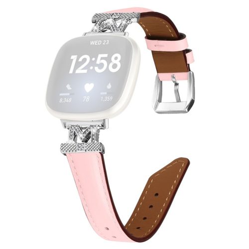 For Fitbit Versa 3 / Versa 4 / Sense / Sense 2 M Shape Rhinestone Decor Genuine Cowhide Leather Watch Strap with Silver Buckle - Pink