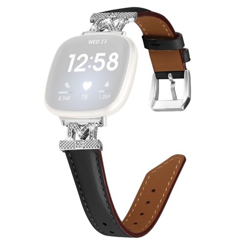 For Fitbit Versa 3 / Versa 4 / Sense / Sense 2 M Shape Rhinestone Decor Genuine Cowhide Leather Watch Strap with Silver Buckle - Black