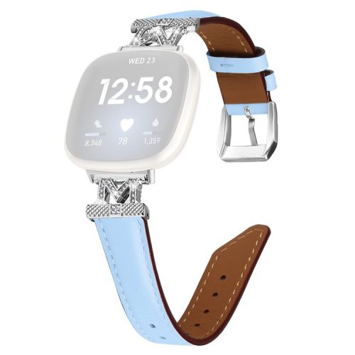 For Fitbit Versa 3 / Versa 4 / Sense / Sense 2 M Shape Rhinestone Decor Genuine Cowhide Leather Watch Strap with Silver Buckle - Blue