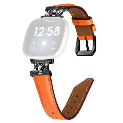 Watch Strap for Fitbit Versa 3 / Versa 4 / Sense / Sense 2 M Shape Rhinestone Decor Genuine Cowhide Leather Band with Black Buckle - Orange