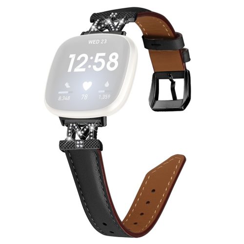 Watch Strap for Fitbit Versa 3 / Versa 4 / Sense / Sense 2 M Shape Rhinestone Decor Genuine Cowhide Leather Band with Black Buckle - Black