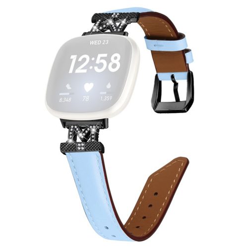 Watch Strap for Fitbit Versa 3 / Versa 4 / Sense / Sense 2 M Shape Rhinestone Decor Genuine Cowhide Leather Band with Black Buckle - Blue