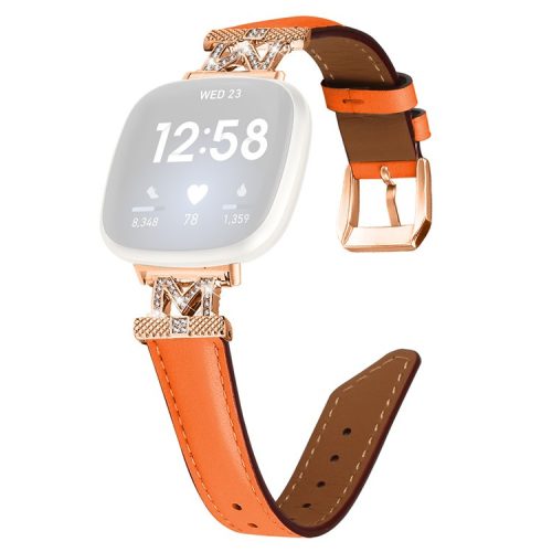 M Shape Rhinestone Watchband for Fitbit Versa 3 / Versa 4 / Sense / Sense 2 Genuine Cowhide Leather Watch Strap with Rose Gold Buckle - Orange