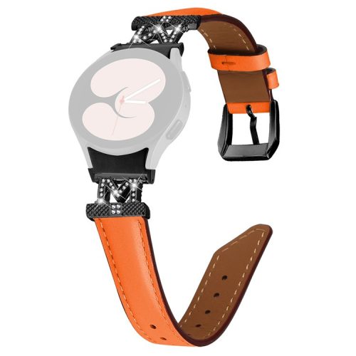 Watch Band for Samsung Galaxy Watch 5 / Watch4 44mm 40mm Rhinestone M-shape Connector Genuine Cow Leather Strap with Black Buckle - Orange