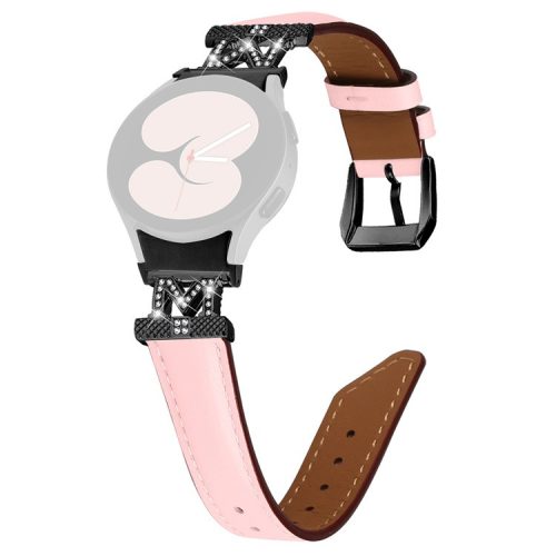 Watch Band for Samsung Galaxy Watch 5 / Watch4 44mm 40mm Rhinestone M-shape Connector Genuine Cow Leather Strap with Black Buckle - Pink