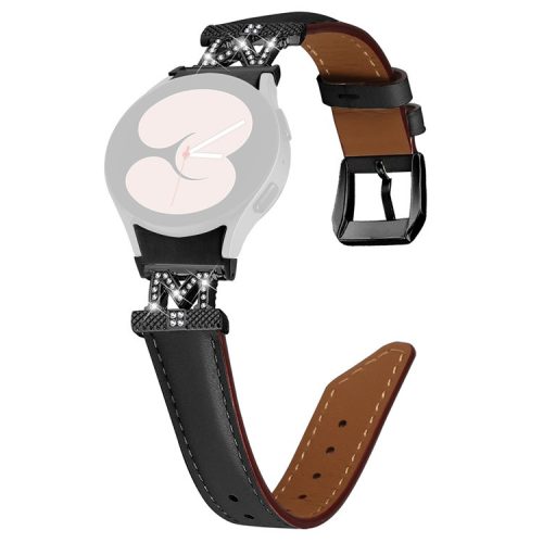 Watch Band for Samsung Galaxy Watch 5 / Watch4 44mm 40mm Rhinestone M-shape Connector Genuine Cow Leather Strap with Black Buckle - Black