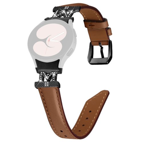 Watch Band for Samsung Galaxy Watch 5 / Watch4 44mm 40mm Rhinestone M-shape Connector Genuine Cow Leather Strap with Black Buckle - Brown