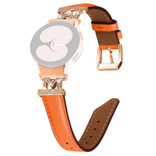 Watch Strap for Samsung Galaxy Watch6 40mm 44mm / Watch6 Classic 43mm 47mm Rhinestone M-shape Connector Genuine Cow Leather Band with Rose Gold Buckle - Orange