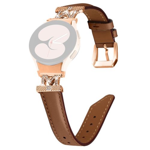 Watch Strap for Samsung Galaxy Watch6 40mm 44mm / Watch6 Classic 43mm 47mm Rhinestone M-shape Connector Genuine Cow Leather Band with Rose Gold Buckle - Brown