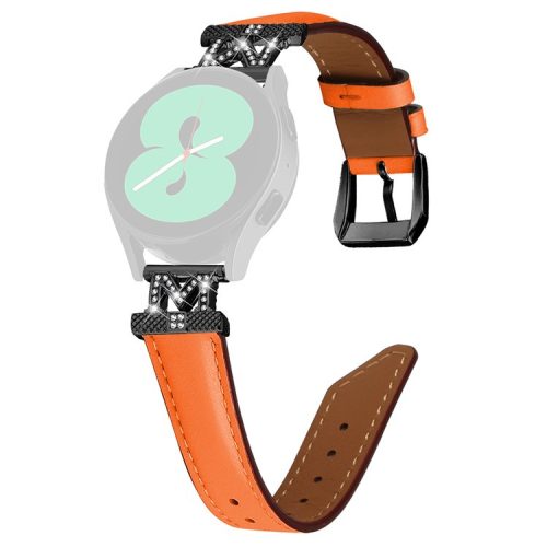 Rhinestone M-shape 20mm Band for Samsung Galaxy Watch3 41mm 45mm / Watch 5 40mm 44mm , Genuine Cow Leather Watch Strap with Black Buckle - Orange