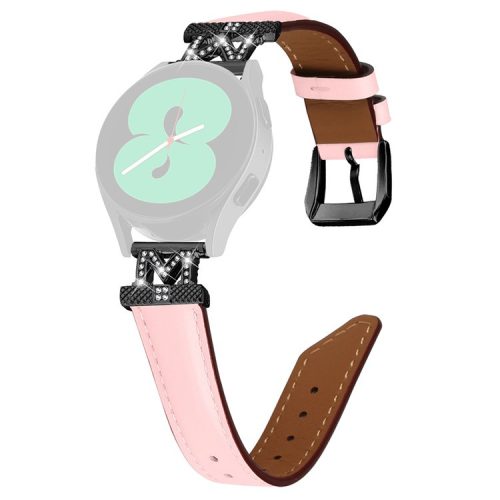 Rhinestone M-shape 20mm Band for Samsung Galaxy Watch3 41mm 45mm / Watch 5 40mm 44mm , Genuine Cow Leather Watch Strap with Black Buckle - Pink