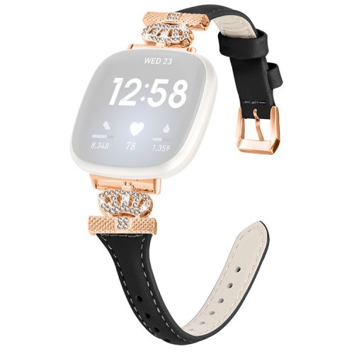 For Fitbit Versa 3 / 4 / Sense / Sense 2 Rose Gold Buckle Watch Strap Crown Rhinestone Band - Black