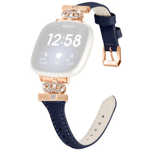 For Fitbit Versa 3 / 4 / Sense / Sense 2 Rose Gold Buckle Watch Strap Crown Rhinestone Band - Dark Blue