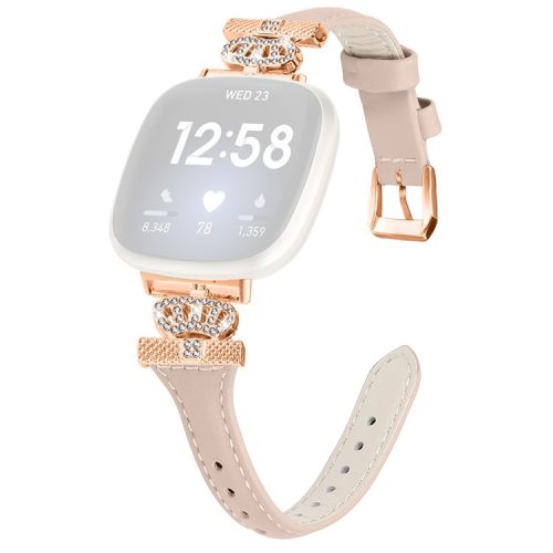 For Fitbit Versa 3 / 4 / Sense / Sense 2 Rose Gold Buckle Watch Strap Crown Rhinestone Band - Apricot