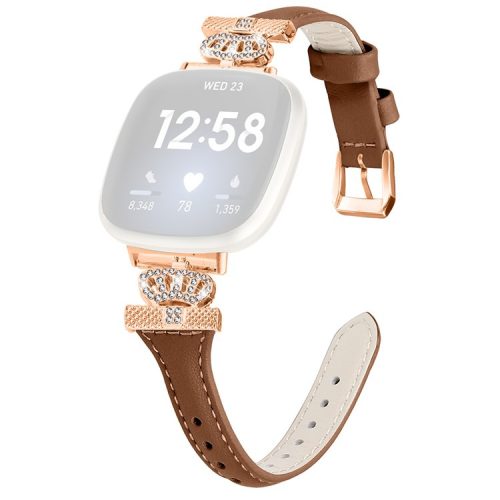 For Fitbit Versa 3 / 4 / Sense / Sense 2 Rose Gold Buckle Watch Strap Crown Rhinestone Band - Brown