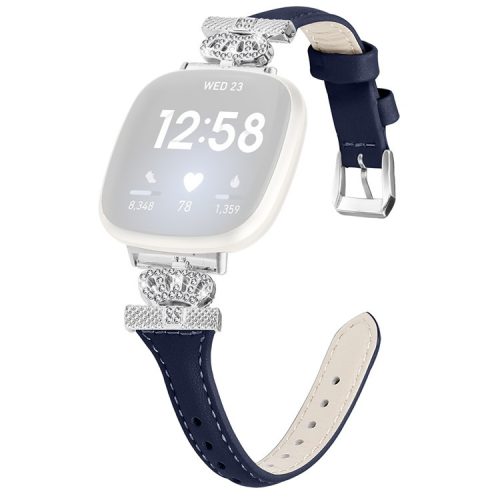 For Fitbit Versa 3 / 4 / Sense / Sense 2 Silver Buckle Watch Band Crown Genuine Cowhide Leather Strap - Dark Blue