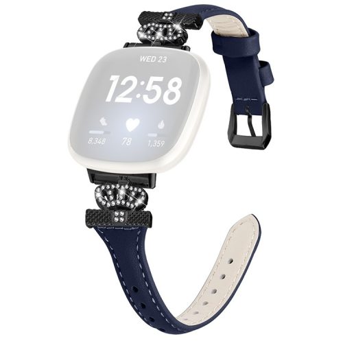 For Fitbit Versa 3 / 4 / Sense / Sense 2 Black Buckle Watchband Genuine Cowhide Leather Crown Strap - Dark Blue