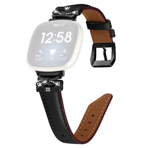 For Fitbit Versa 3 / 4 / Sense / Sense 2 Black Buckle Geniune Cowhide Leather Band Butterfly Watch Strap - Black