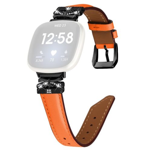 For Fitbit Versa 3 / 4 / Sense / Sense 2 Black Buckle Geniune Cowhide Leather Band Butterfly Watch Strap - Orange