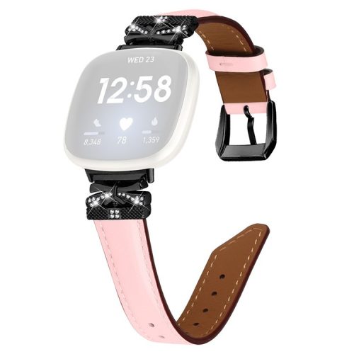 For Fitbit Versa 3 / 4 / Sense / Sense 2 Black Buckle Geniune Cowhide Leather Band Butterfly Watch Strap - Pink