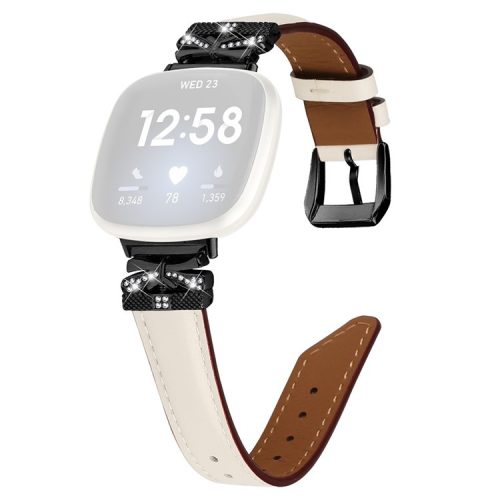 For Fitbit Versa 3 / 4 / Sense / Sense 2 Black Buckle Geniune Cowhide Leather Band Butterfly Watch Strap - Apricot