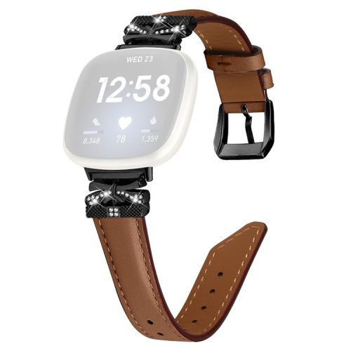 For Fitbit Versa 3 / 4 / Sense / Sense 2 Black Buckle Geniune Cowhide Leather Band Butterfly Watch Strap - Brown