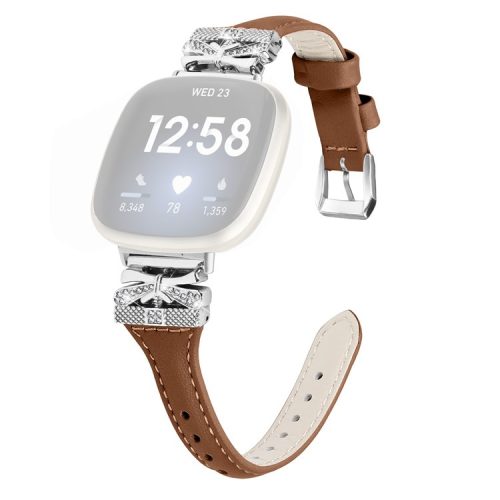 Silver Buckle Watch Strap for Fitbit Versa 3 / 4 / Sense / Sense 2 Butterfly Connector Adjustable Band - Brown