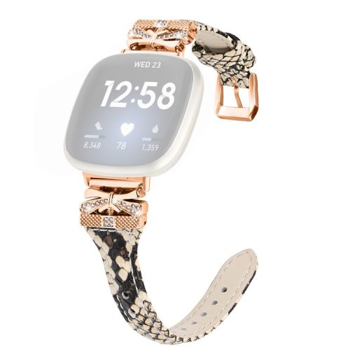 Rose Gold Buckle Band for Fitbit Versa 3 / 4 / Sense / Sense 2 Genuine Cowhide Leather Watch Strap - Snake Texture