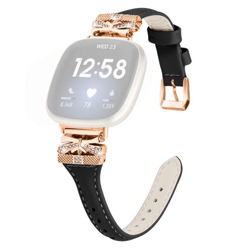 Rose Gold Buckle Band for Fitbit Versa 3 / 4 / Sense / Sense 2 Genuine Cowhide Leather Watch Strap - Black