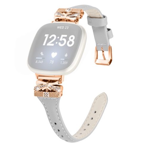 Rose Gold Buckle Band for Fitbit Versa 3 / 4 / Sense / Sense 2 Genuine Cowhide Leather Watch Strap - Grey