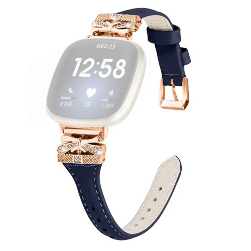 Rose Gold Buckle Band for Fitbit Versa 3 / 4 / Sense / Sense 2 Genuine Cowhide Leather Watch Strap - Dark Blue