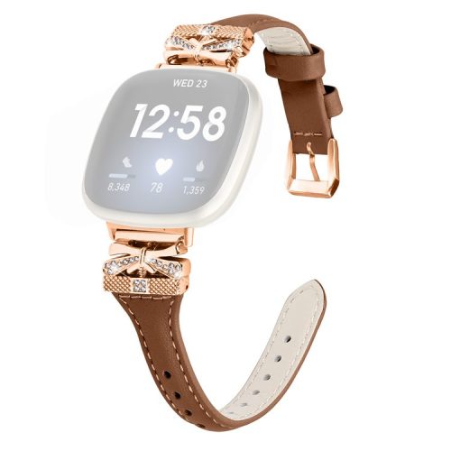 Rose Gold Buckle Band for Fitbit Versa 3 / 4 / Sense / Sense 2 Genuine Cowhide Leather Watch Strap - Brown